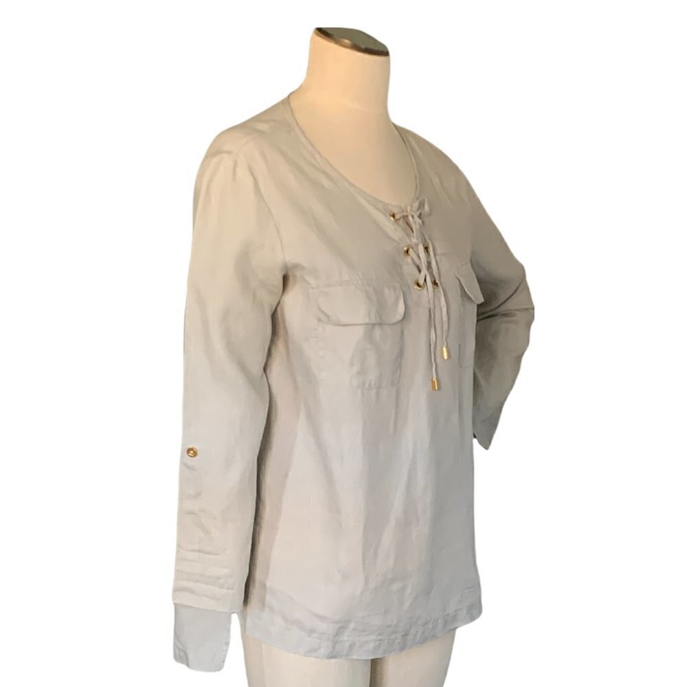 Ellen Tracy Company Linen Blouse Lace Up Neck Pockets Sz M Sandstone Beige #187k - Picture 6 of 10